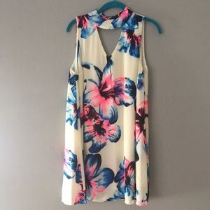 Blue pink hibiscus print dress